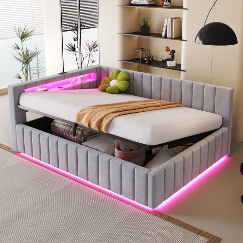 Lit Coffre 140x200 Cm, Tête De Lit Rembourrée Avec LED Et Ports USB, En Velours Gris