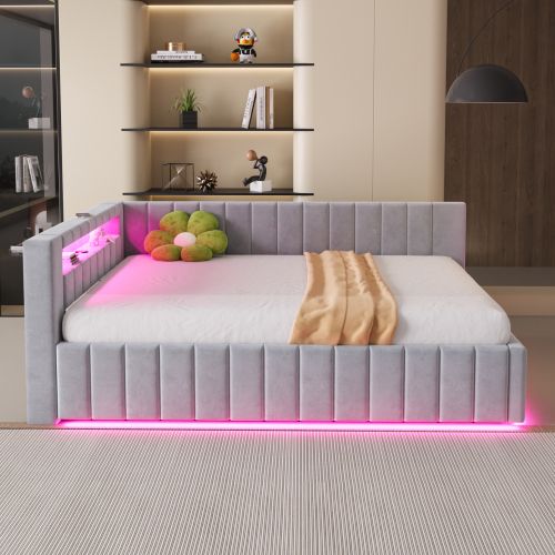 Lit Coffre 140x200 Cm, Tête De Lit Rembourrée Avec LED Et Ports USB, En Velours Gris