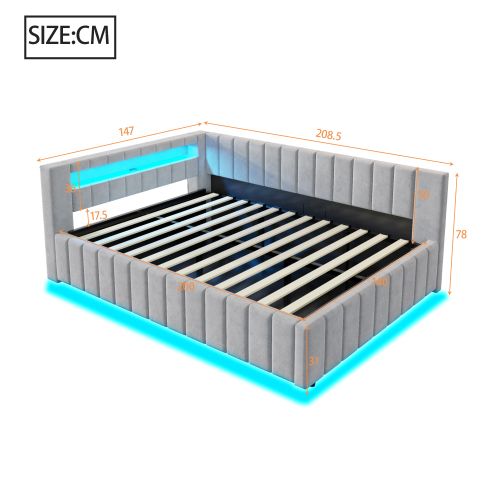 Lit Coffre 140x200 Cm, Tête De Lit Rembourrée Avec LED Et Ports USB, En Velours Gris