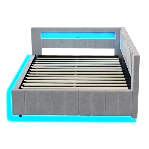 Lit Coffre 140x200 Cm, Tête De Lit Rembourrée Avec LED Et Ports USB, En Velours Gris