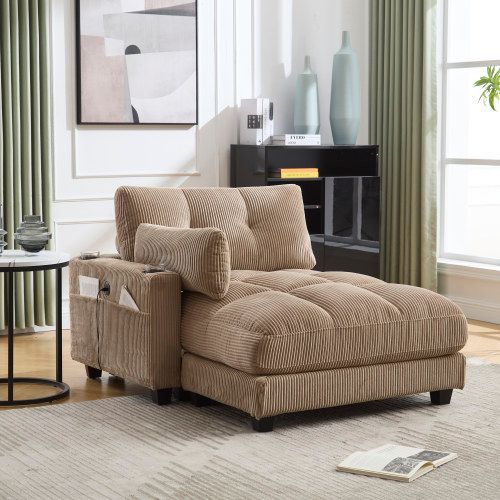 Fauteuil Lounge En Velours Côtelé Khaki Avec Accoudoirs Modulables, Porte-gobelets Et Port USB