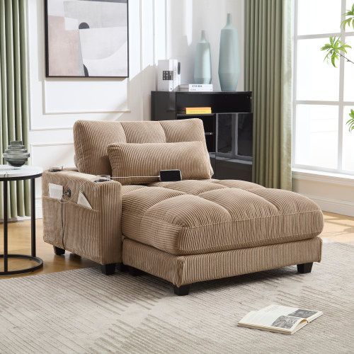 Fauteuil Lounge En Velours Côtelé Khaki Avec Accoudoirs Modulables, Porte-gobelets Et Port USB