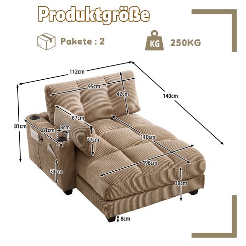Fauteuil Lounge En Velours Côtelé Khaki Avec Accoudoirs Modulables, Porte-gobelets Et Port USB