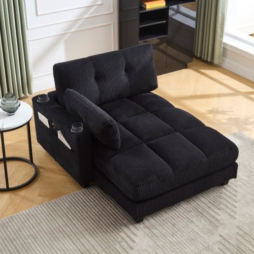 Fauteuil Lounge Relax En Velours Côtelé Noir Avec Repose-tête Réglable Et Porte-gobelets