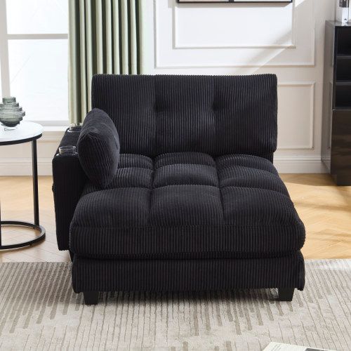 Fauteuil Lounge Relax En Velours Côtelé Noir Avec Repose-tête Réglable Et Porte-gobelets