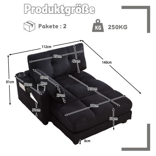 Fauteuil Lounge Relax En Velours Côtelé Noir Avec Repose-tête Réglable Et Porte-gobelets