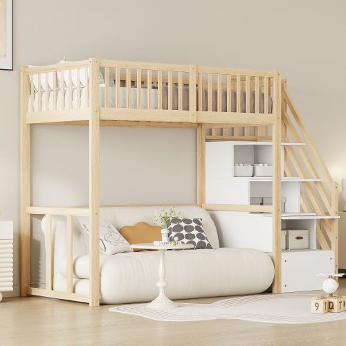 Lit Mezzanine 90x200 Cm Avec Escalier De Rangement, Avec Lattes, En Bois, Coloris Naturel