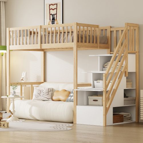 Lit Mezzanine 90x200 Cm Avec Escalier De Rangement, Avec Lattes, En Bois, Coloris Naturel
