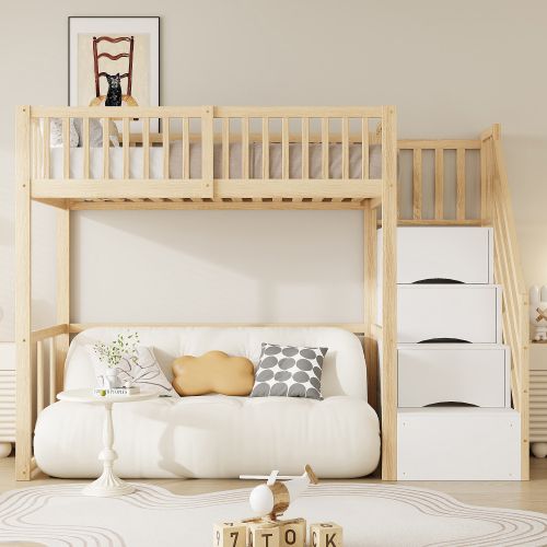 Lit Mezzanine 90x200 Cm Avec Escalier De Rangement, Avec Lattes, En Bois, Coloris Naturel