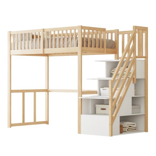 Lit Mezzanine 90x200 Cm Avec Escalier De Rangement, Avec Lattes, En Bois, Coloris Naturel