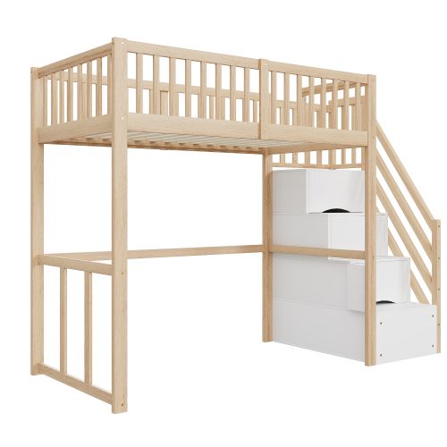Lit Mezzanine 90x200 Cm Avec Escalier De Rangement, Avec Lattes, En Bois, Coloris Naturel