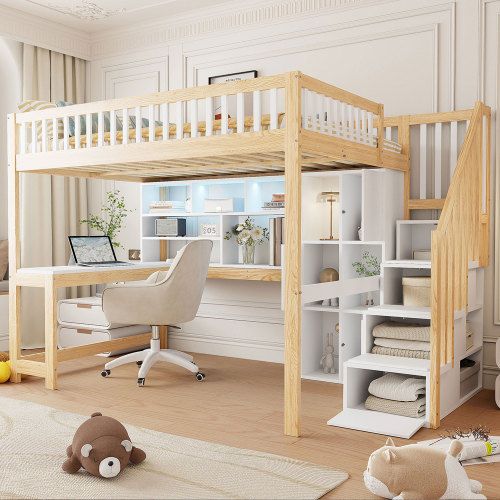 Lit Mezzanine 140x200 Cm Avec Bureau Et LED, En Bois, Blanc Et Naturel