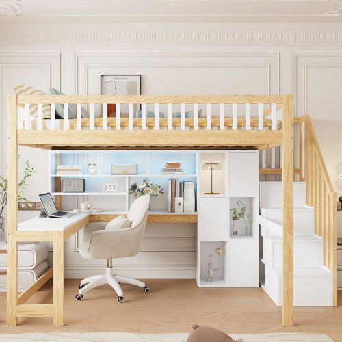 Lit Mezzanine 140x200 Cm Avec Bureau Et LED, En Bois, Blanc Et Naturel