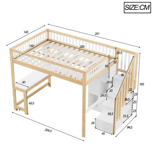 Lit Mezzanine 140x200 Cm Avec Bureau Et LED, En Bois, Blanc Et Naturel