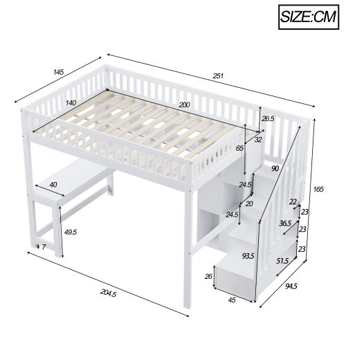 Lit Mezzanine 140x200 Cm Avec LED Et Bureau, En Bois, Blanc