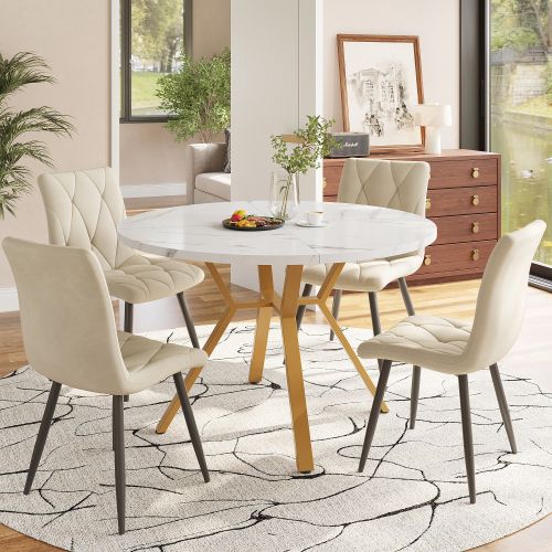 Ensemble Table Et Chaises, Table à Manger 100 Cm Avec Pieds Métal Doré Et 4 Chaises En Velours Beige