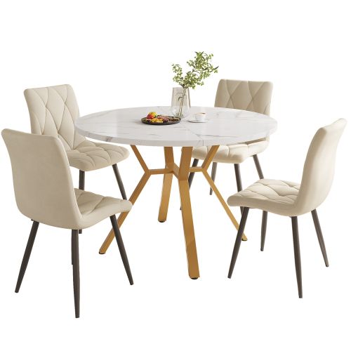 Ensemble Table Et Chaises, Table à Manger 100 Cm Avec Pieds Métal Doré Et 4 Chaises En Velours Beige