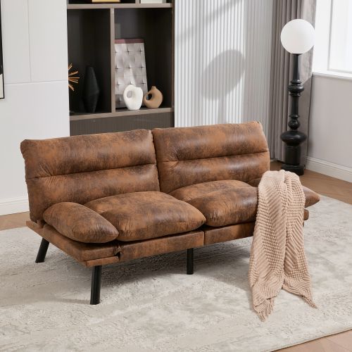 Canapé Convertible 2 Places En Microfibre Couleur Café Dossier Et Accoudoirs Réglables, Pieds Métal