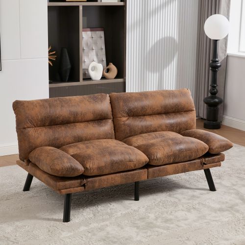 Canapé Convertible 2 Places En Microfibre Couleur Café Dossier Et Accoudoirs Réglables, Pieds Métal