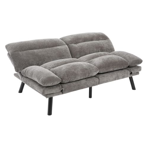 Canapé Convertible 2 Places En Chenille Gris Foncé Avec Dossiers, Accoudoirs Réglables, Pieds Métal