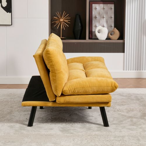 Canapé Convertible 2 Places En Chenille Jaune Moutarde, Dossiers Et Accoudoirs Réglables