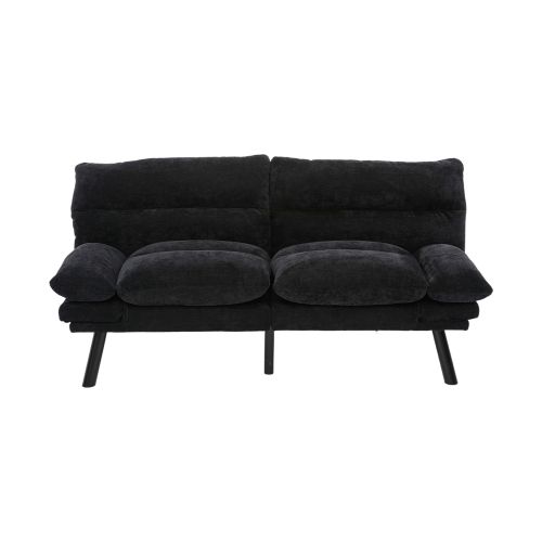 Canapé Convertible Droit 2 Places En Chenille Noire Dossier Et Accoudoirs Réglables