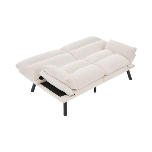 Canapé Convertible 2 Places En Chenille Beige Avec Dossiers Et Accoudoirs Réglables, Pieds Métal