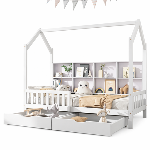 Lit Cabane Enfant 90x200 Cm, Avec 2 Tiroirs Et Étagère, Forme Maison, En Bois, Blanc