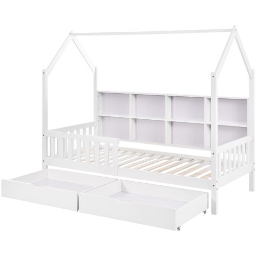 Lit Cabane Enfant 90x200 Cm, Avec 2 Tiroirs Et Étagère, Forme Maison, En Bois, Blanc