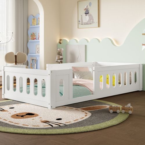 Lit Au Sol Enfant 90x200 Cm, Lit Bébé Avec Barrières, En Bois, Blanc