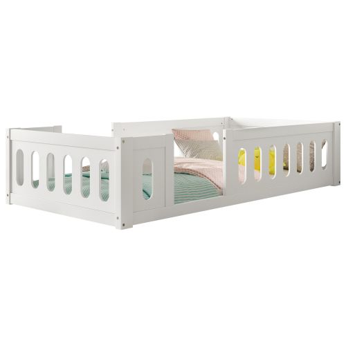 Lit Au Sol Enfant 90x200 Cm, Lit Bébé Avec Barrières, En Bois, Blanc