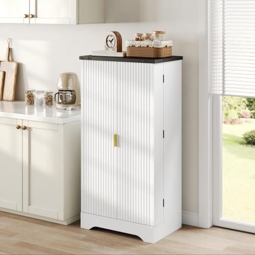 Buffet De Cuisine, Buffet Blanc Avec Portes Rainurées, LED à Capteur Et Poignées Dorées