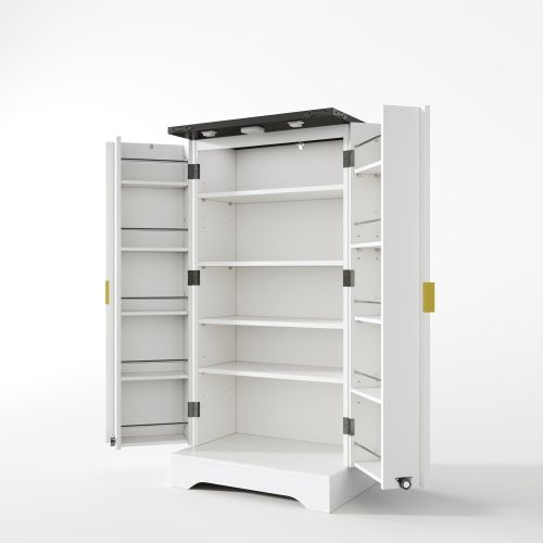 Buffet De Cuisine, Buffet Blanc Avec Portes Rainurées, LED à Capteur Et Poignées Dorées