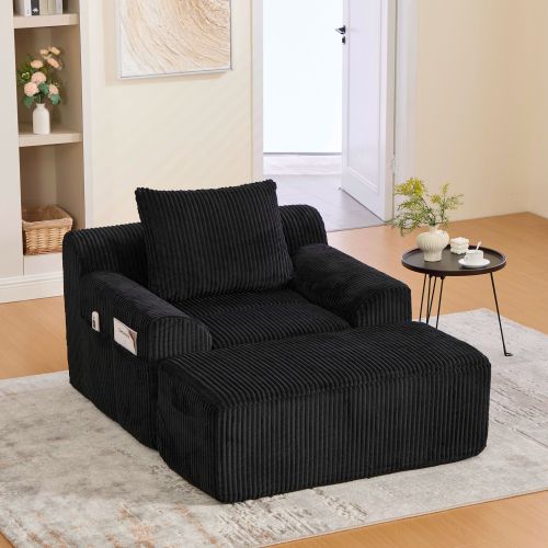 Fauteuil Surdimensionné En Velours Côtelé Avec Repose-pieds Et Poches Latérales
