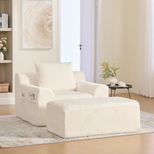 Fauteuil Relax En Velours Côtelé Beige Avec Repose-pieds Réglable Et Poches Latérales