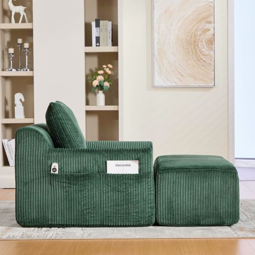 Fauteuil Surdimensionné Avec Repose-pieds Et Poches Latérales En Velours Côtelé Émeraude