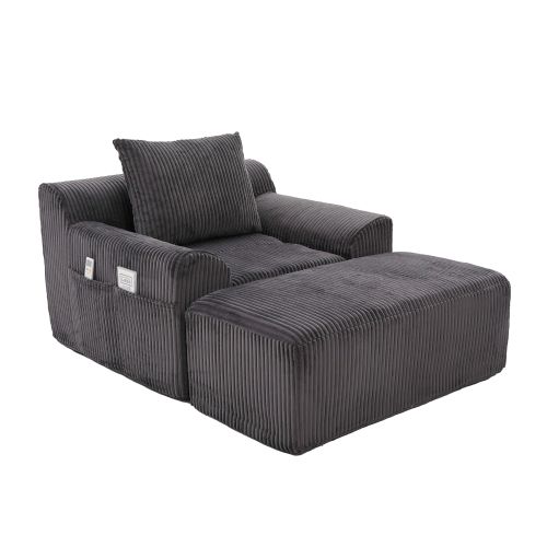 Fauteuil Grand Format En Velours Côtelé Gris Foncé Avec Repose-pieds Et Poches Latérales