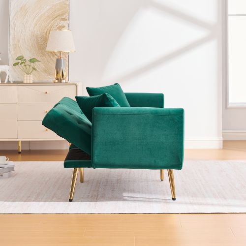 Canapé Convertible 2 Places En Velours Vert, Dossier Réglable Et Pieds Métal