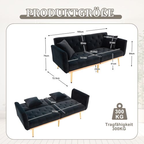 Canapé Convertible 2 Places En Velours Noir Dossier 3 Positions Et Pieds Métalliques