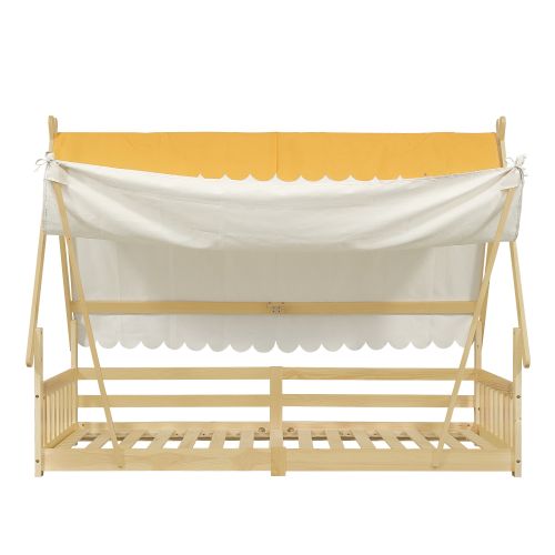 Lit Cabane 90x200 Cm, Lit Enfant Avec Tête De Lit Et Sommier à Lattes, En Bois, Blanc Et Naturel