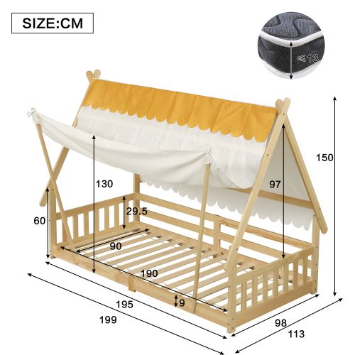 Lit Cabane 90x190 Cm, Lit Enfant, Tente Amovible, Avec Lattes, En Bois, Blanc Et Naturel