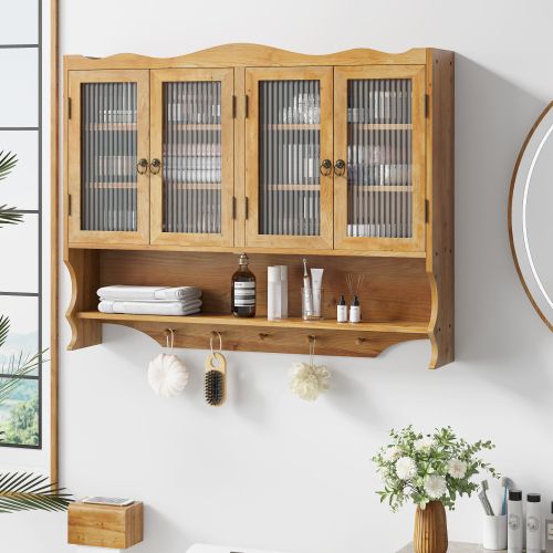 Armoire Murale 100 Cm Rétro Avec 4 Portes Et Verre, En Bois Naturel