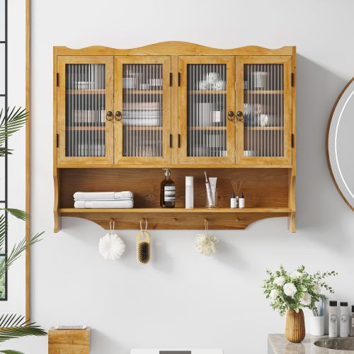 Armoire Murale 100 Cm Rétro Avec 4 Portes Et Verre, En Bois Naturel