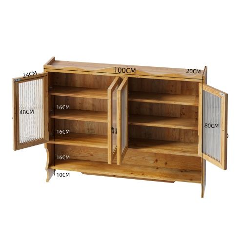 Armoire Murale 100 Cm Rétro Avec 4 Portes Et Verre, En Bois Naturel
