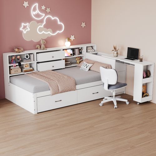 Lit Enfant 90x200 Cm, Grand Rangement Et Tête De Lit Avec Bureau Extensible, En Bois, Blanc