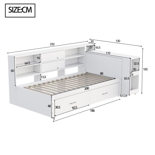 Lit Enfant 90x200 Cm, Grand Rangement Et Tête De Lit Avec Bureau Extensible, En Bois, Blanc