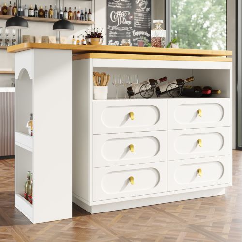 Table Haute De Bar Extensible 137-203 X 39 Cm, Rotation 360°, 6 Tiroirs, Blanc