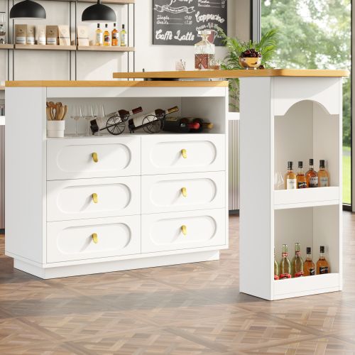 Table Haute De Bar Extensible 137-203 X 39 Cm, Rotation 360°, 6 Tiroirs, Blanc
