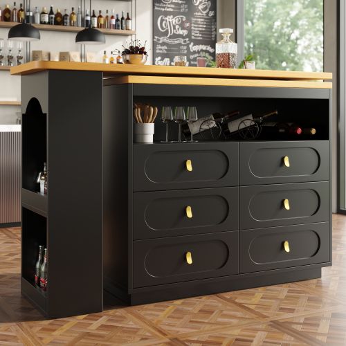 Table Haute De Bar Extensible 137-203x39 Cm, Rotative 360°, 6 Tiroirs, Noir