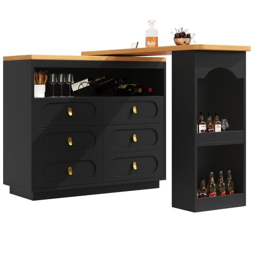 Table Haute De Bar Extensible 137-203x39 Cm, Rotative 360°, 6 Tiroirs, Noir